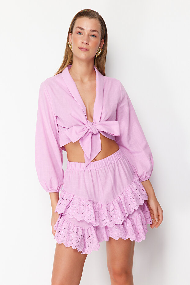 Pembe Dokuma Brodeli Plaj Mini Etek TBESS24ET00004 - 2