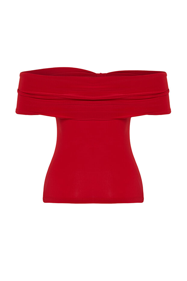 Kırmızı Carmen Yaka Vücuda Oturan Esnek Crop Örme Madonna Yaka Bluz TWOSS24BZ00368 - 8