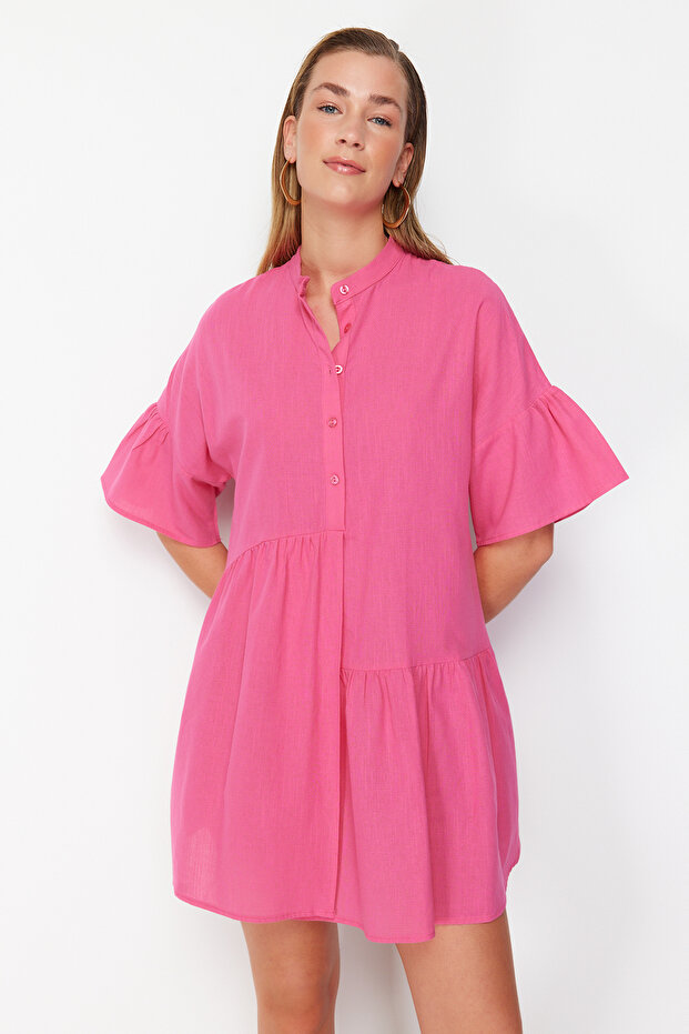 Pembe Dokuma Volanlı Plaj Mini Elbise TBESS20EL0873 - 5