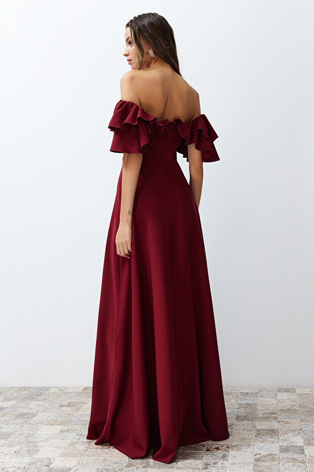Bordo A-Kesim Volanlı Dokuma Uzun Şık Abiye Elbise TPRSS24AE00054 - 7