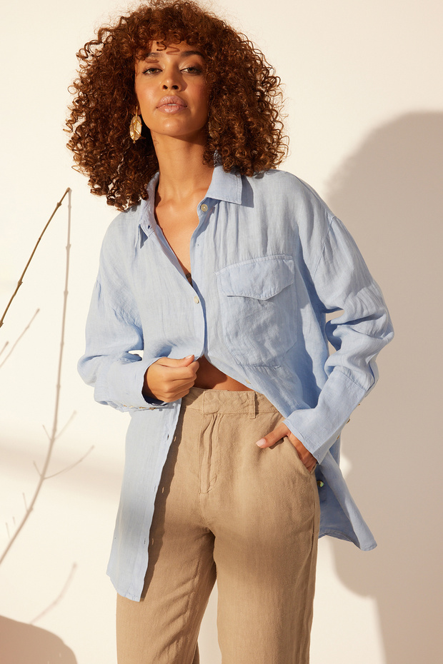 Mavi %100 Keten Oversize Gömlek TWOSS24GO00125 - 2