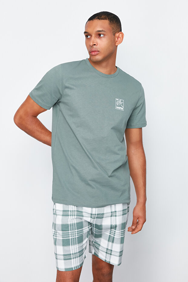 Mint kostkovaný vzor tištěný Regular Fit Pletené šortky Sada pyžama TMNSS24PT00030 - 1