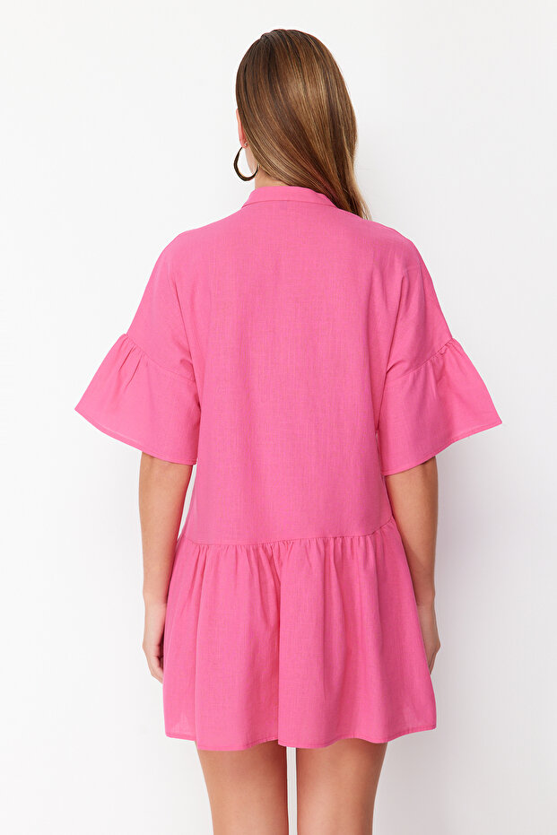 Pembe Dokuma Volanlı Plaj Mini Elbise TBESS20EL0873 - 7