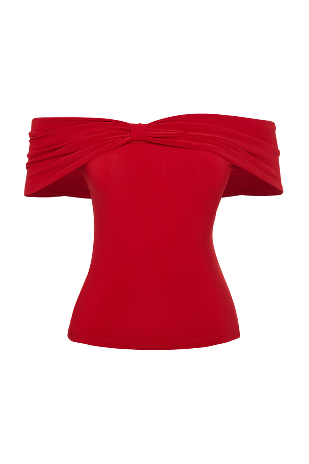 Kırmızı Carmen Yaka Vücuda Oturan Esnek Crop Örme Madonna Yaka Bluz TWOSS24BZ00368 - 7