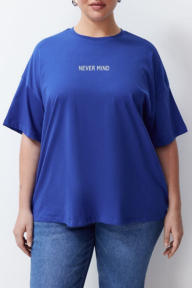 Saks Slogan Baskılı Oversize %100 Pamuk Örme Büyük Beden T-shirt TBBSS24BF00018 - 4