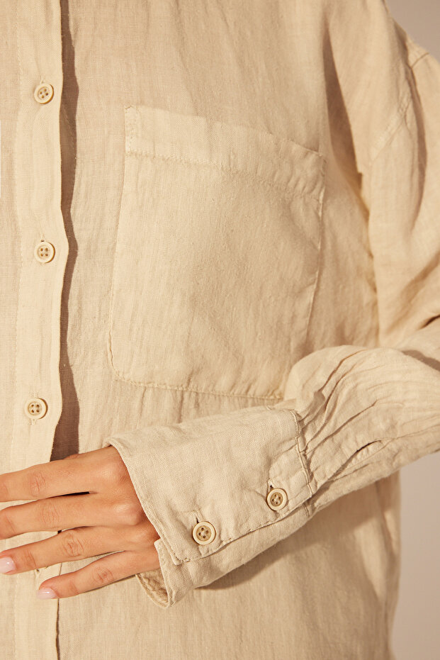 Bej %100 Keten Oversize Gömlek TWOSS23GO00443 - 5