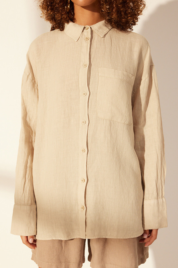 Bej %100 Keten Oversize Gömlek TWOSS23GO00443 - 4