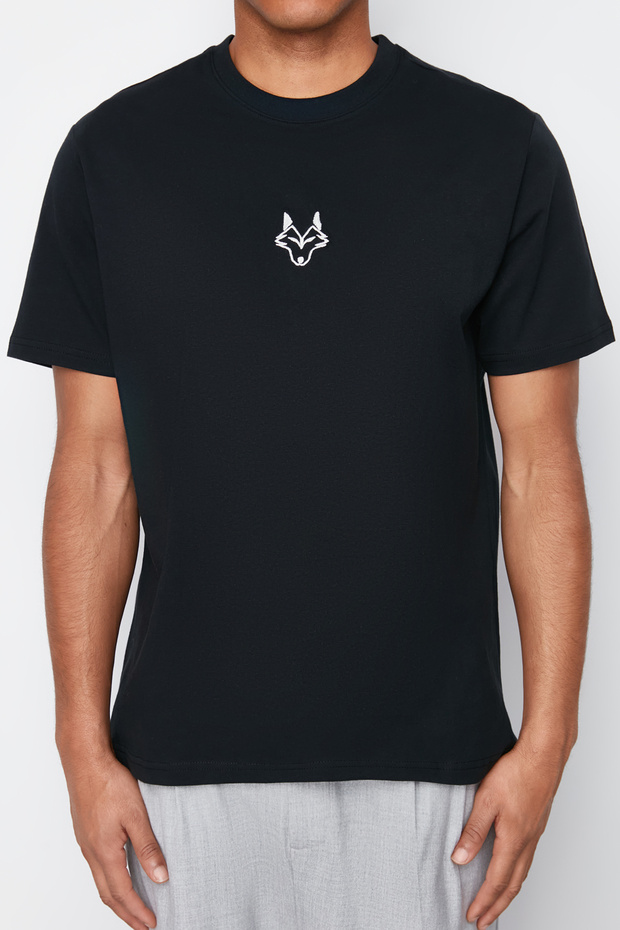 Siyah Regular/Normal Kesim Kurt Nakışlı %100 Pamuklu T-Shirt TMNSS24TS00056 - 5