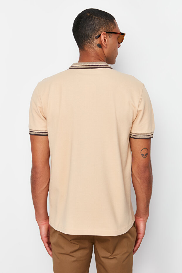 Beżowa koszulka polo z krótkim rękawem, wykonana w 100% z bawełny, dopasowana/wąska TMNSS22PO00014 - 6