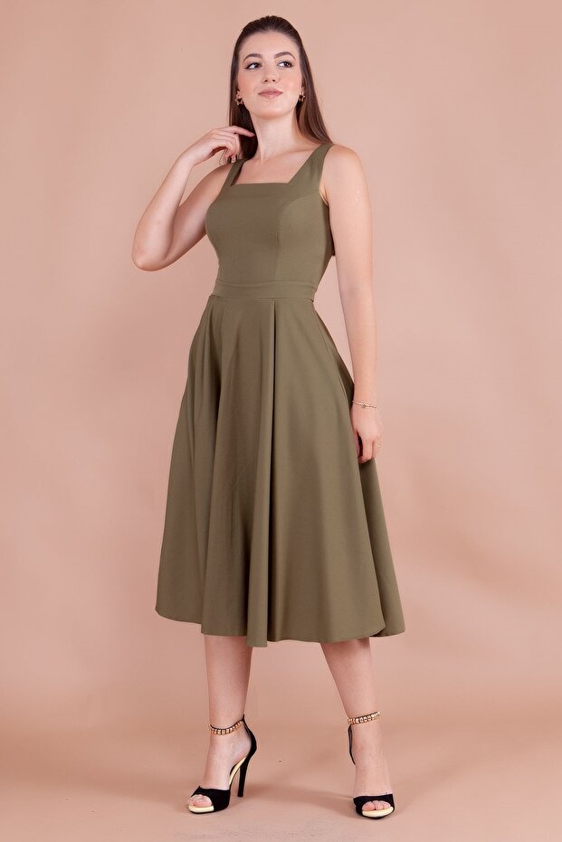 Women's Stretchy Atlas Fabric Thick Strap Square Collar Flared Cut Midi Length Khaki Dress 413