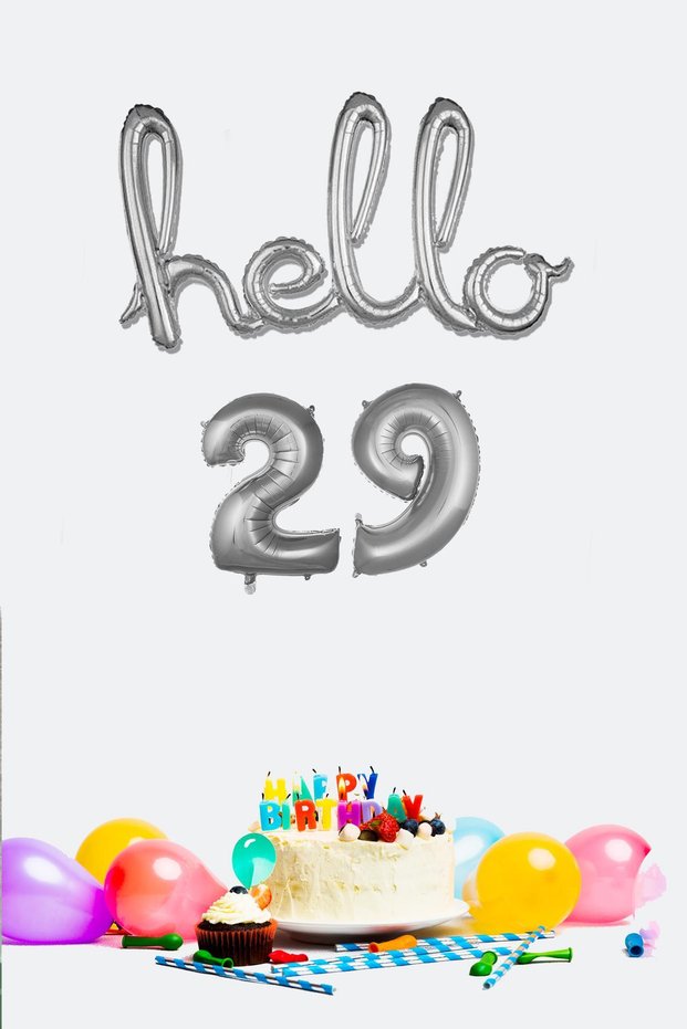 29 Years Birthday Balloons - Hello 29 Handwritten Silver Color Foil Balloon
