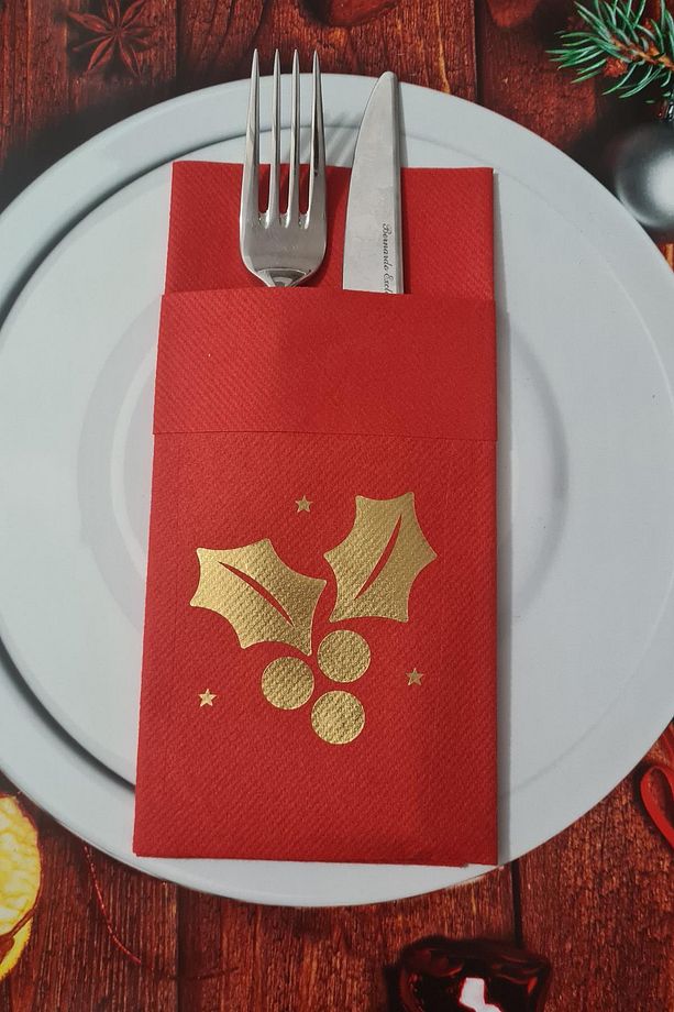 Kumaş Dokulu Kırmızı Peçete Gold Varak Kokina Çiçeği Yılbaşı Sofrası - Yeni Yıl Peçetesi - 2