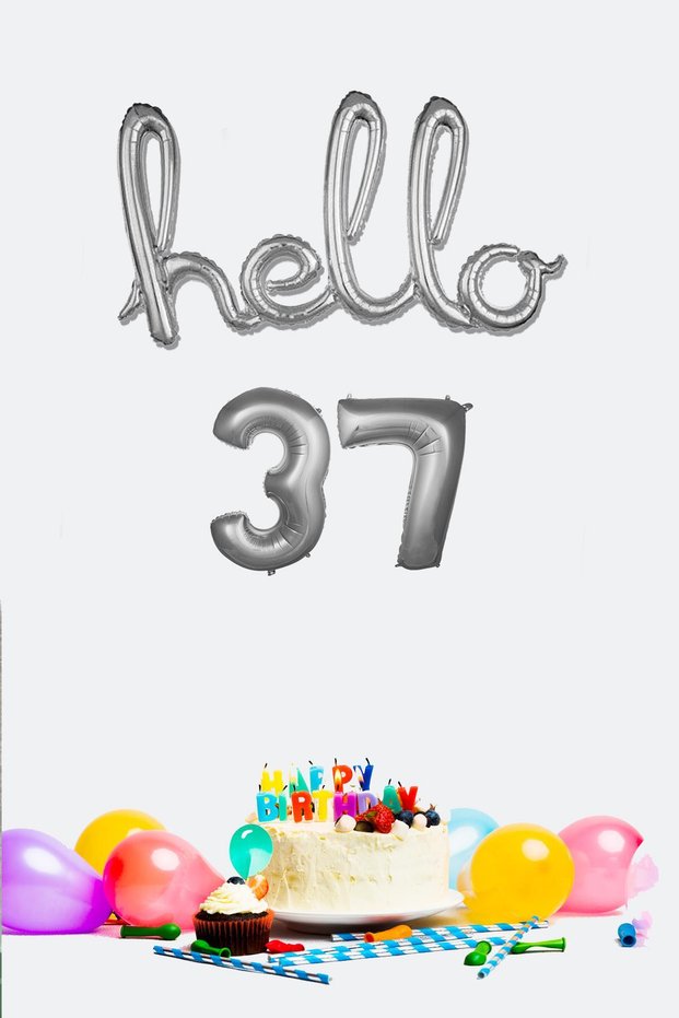 37 Years Birthday Balloons - Hello 37 Handwritten Silver Color Foil Balloon