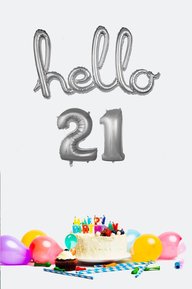 21st Birthday Balloons - Hello 21 Handwritten Silver Color Foil Balloon