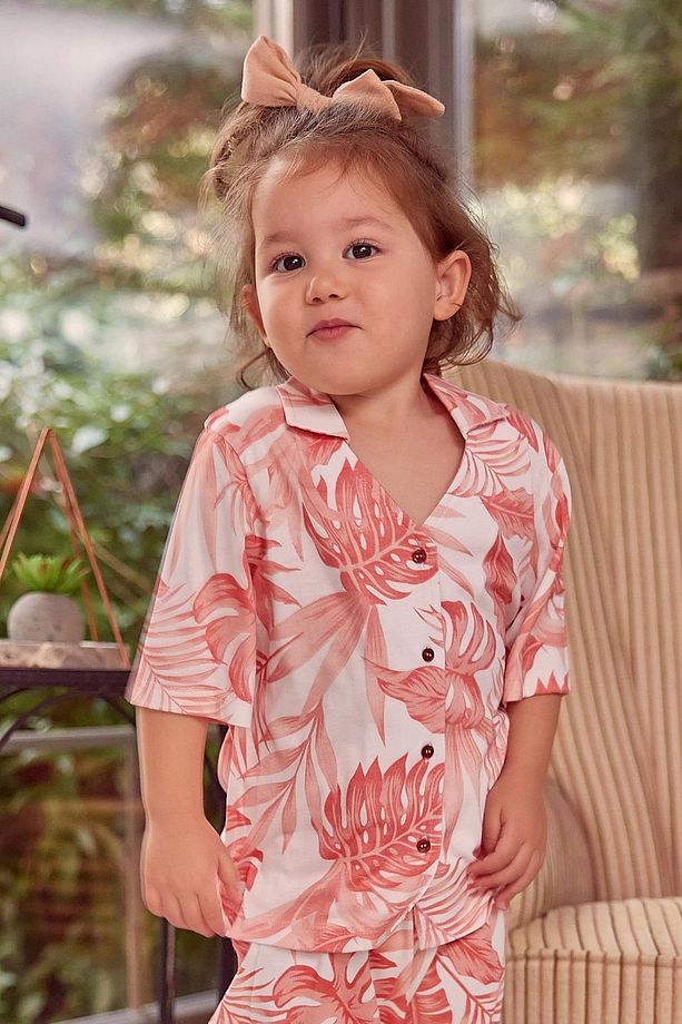 Kız Çocuk Düğmeli Kısa Kollu Pijama Takımı - 2'li Yaprak Desenli Şort Gömlek Pijama - 2