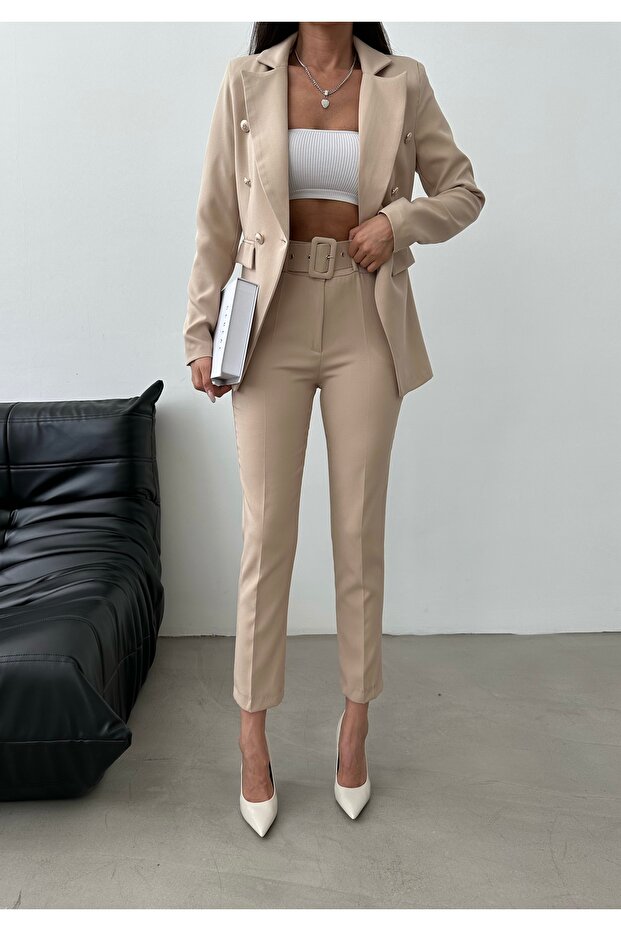 Beige Button Blazer Jacket with Belt Pockets Stretchy Pants Asymmetrical Cut Suit