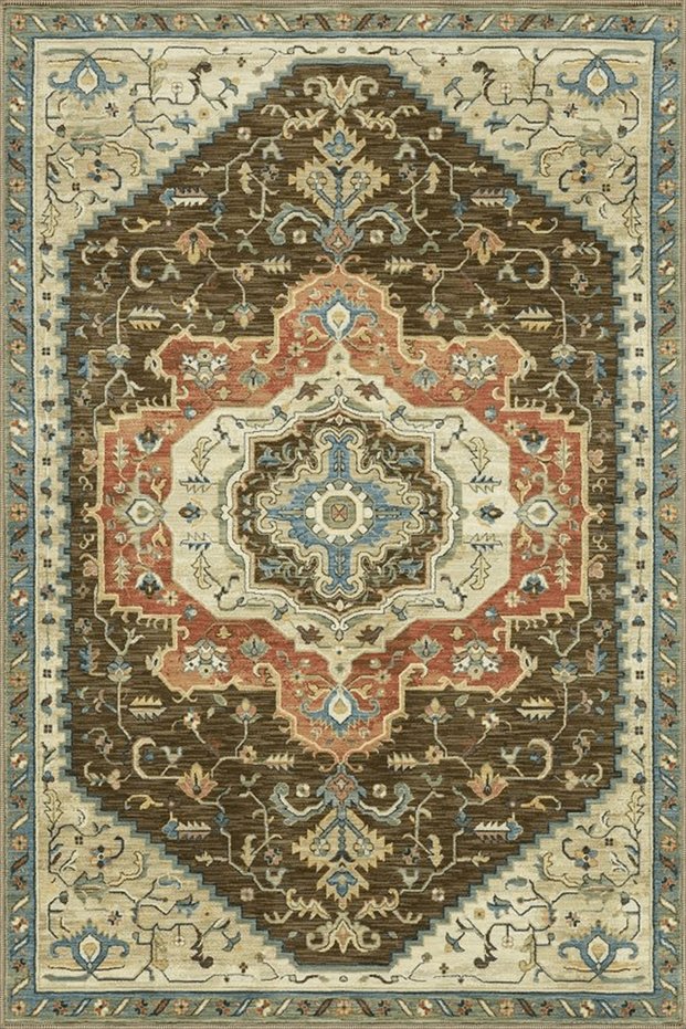 Khaki Green Beige Themed Traditional Motif Patterned Vintage Decorative Carpet 3947