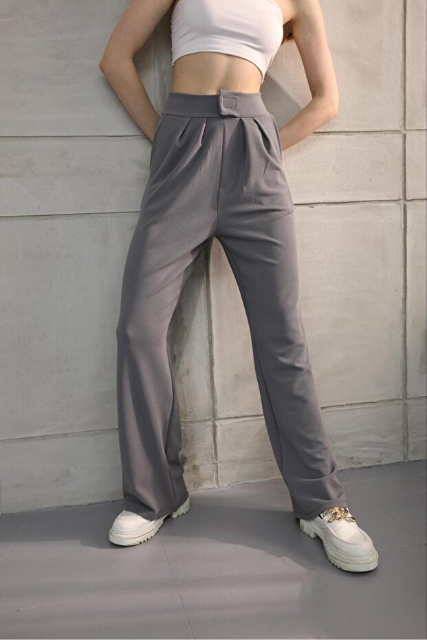 Palazzo Trousers with Velcro Waist and Clamp Stitching Pockets