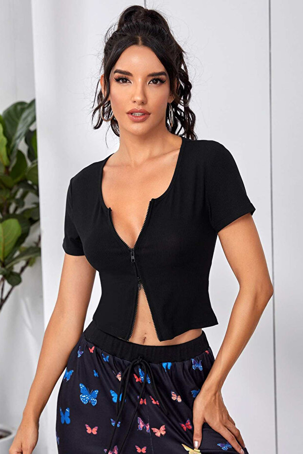 Kadın Siyah Çift Fermuarlı Yarım Kol Crop Top Bluz - 4