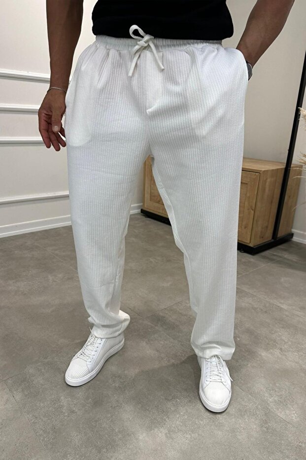Baggy Fit Loose Fit Men's White Ribbed Jogger
