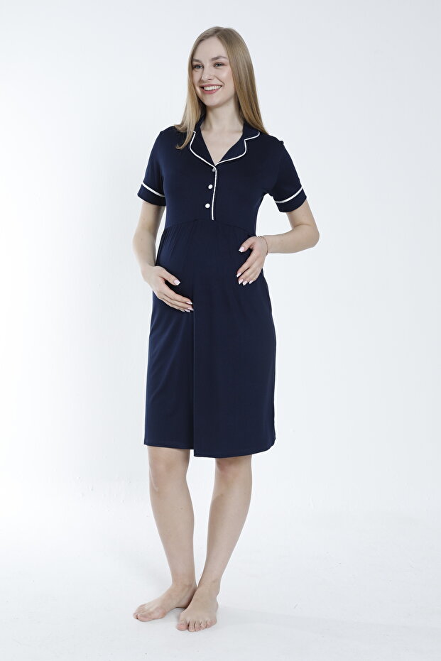 Buttoned Striped Detail Maternity and Postpartum Nightdress