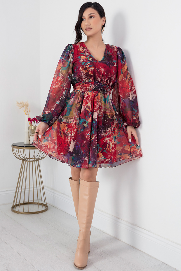 V Yaka Uzun Kol Şifon Elbise GRS3363 - 5