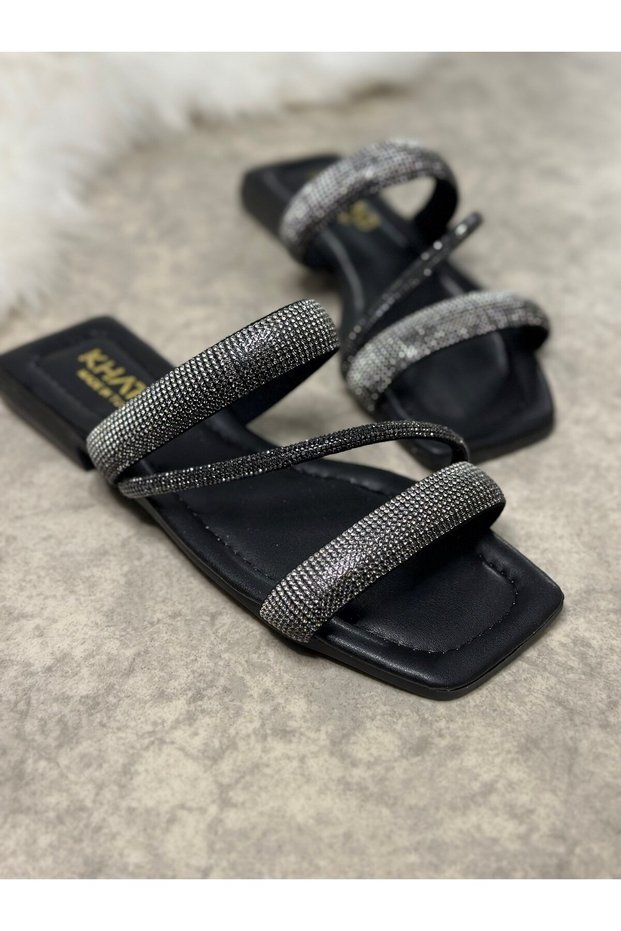 Daily Women's Black Slippers Thick Banded Stone Detailed Low Heel Blunt Toe Comfortable Sole Lightweight 07