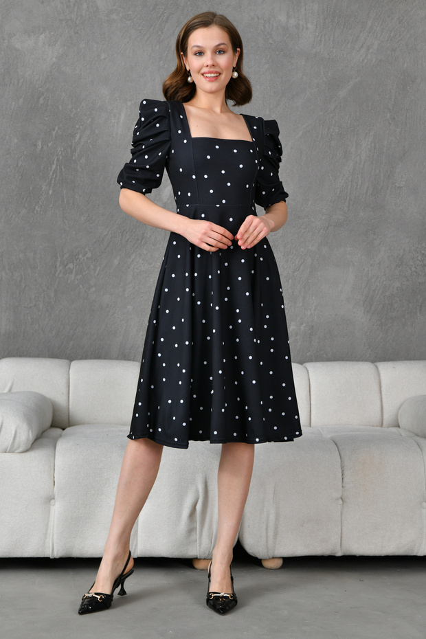 Polka Dot Patterned Black Crepe Fabric Short Sleeve Square Collar Midi Length Black Evening Dress 080