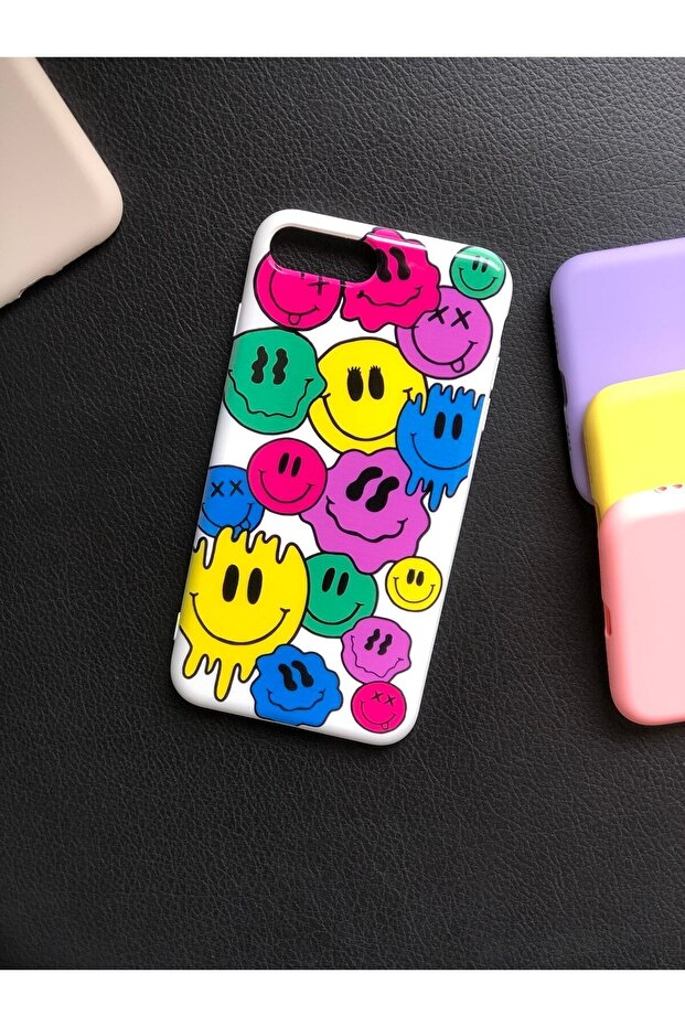حافظة لهاتف آيفون 8 بلس، حافظة آيفون 7 بلس، سيليكون ناعم، وجوه مبتسمة ملونة - 1