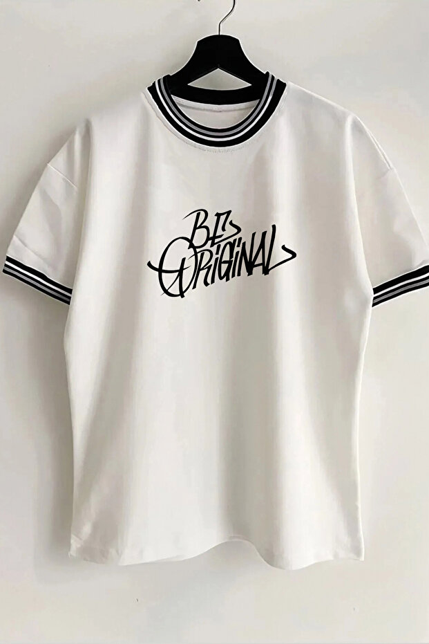 Be Original Text Printed Unisex New Season Oversize Mold Collar Detailed Summer White T-shirt