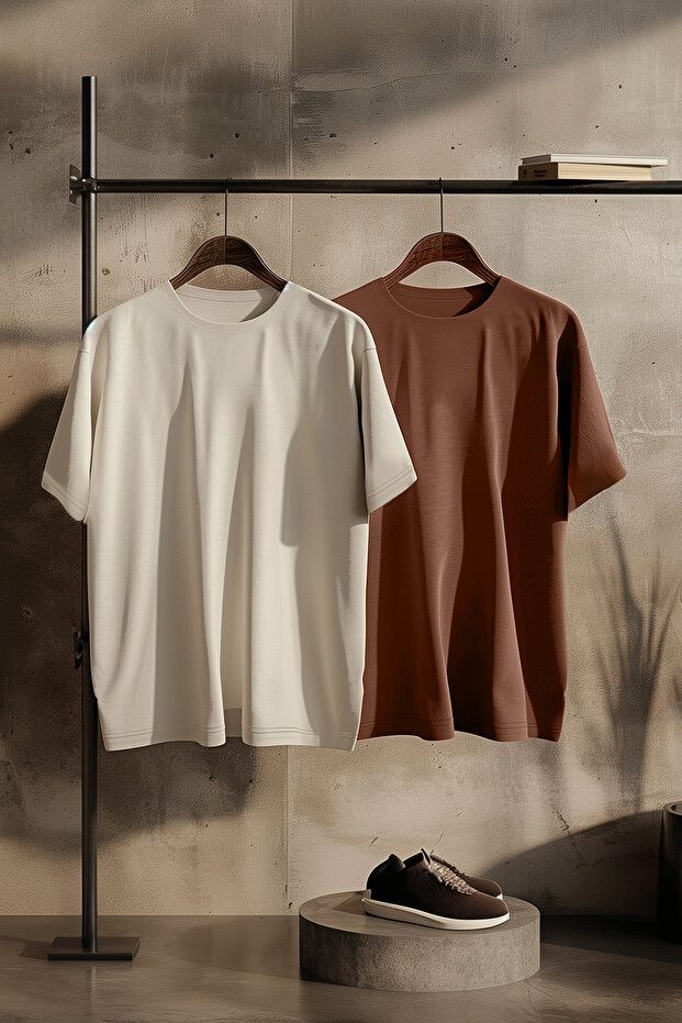 Kahverengi-Taş Oversize 2'li Paket Basic %100 Pamuklu T-Shirt TMNSS24TS00038 - 1