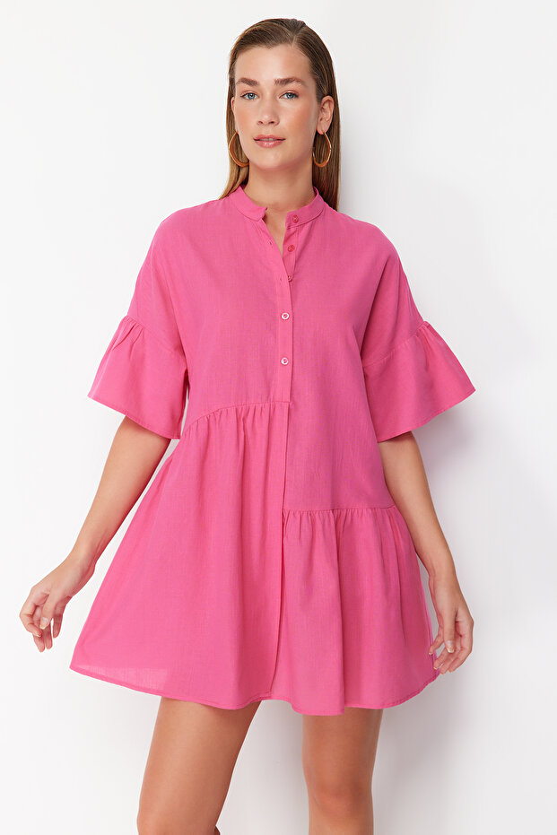 Pembe Dokuma Volanlı Plaj Mini Elbise TBESS20EL0873 - 4