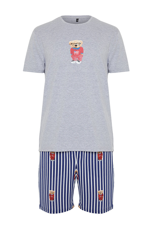 Unisex Gri Regular Fit Baskılı Örme Şortlu Pijama Takımı TMNSS24PT00034 - 8