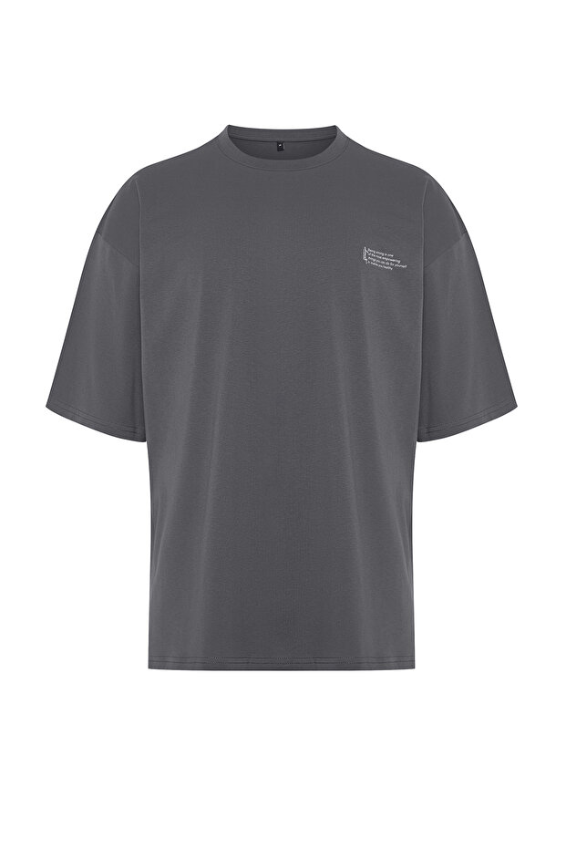 Antrasit Oversize %100 Pamuklu Bisiklet Yaka Minimal Yazı Baskılı T-Shirt TMNSS23TS00084 - 7