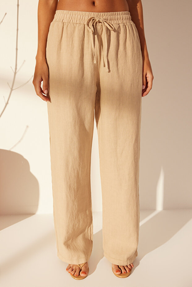 Bej %100 Keten Beli Lastikli Yüksek Bel Wide Leg Pantolon TWOSS24JE00249 - 4