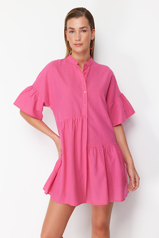 Pembe Dokuma Volanlı Plaj Mini Elbise TBESS20EL0873 - 3