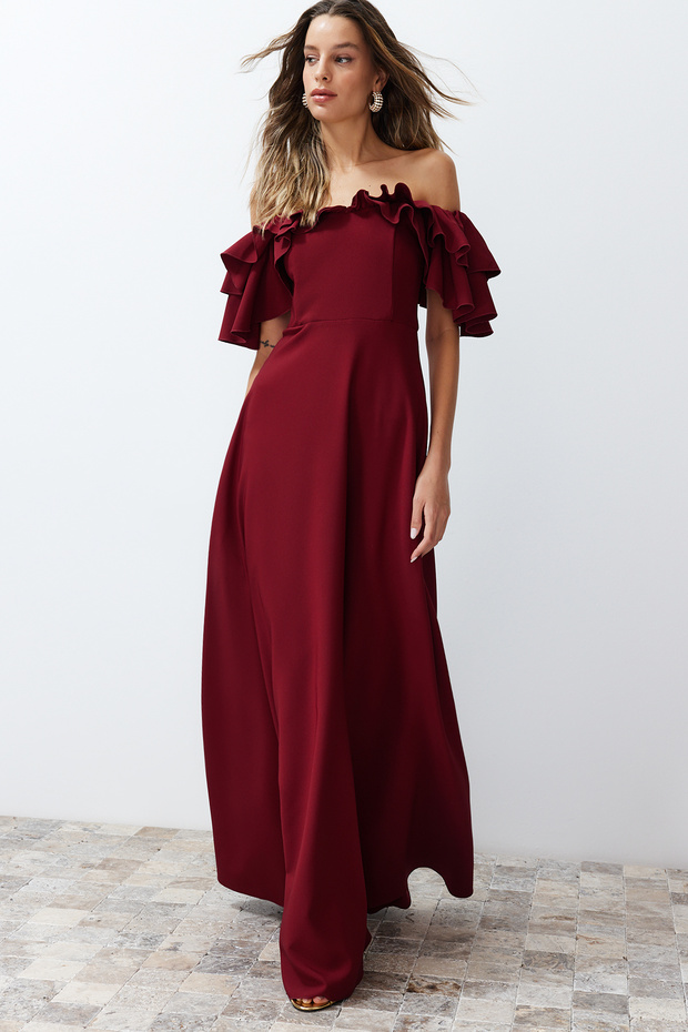 Bordo A-Kesim Volanlı Dokuma Uzun Şık Abiye Elbise TPRSS24AE00054 - 3