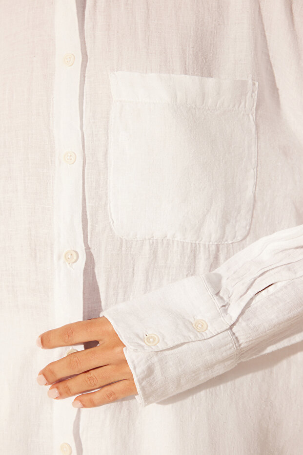 Beyaz %100 Keten Oversize Gömlek TWOSS23GO00443 - 4