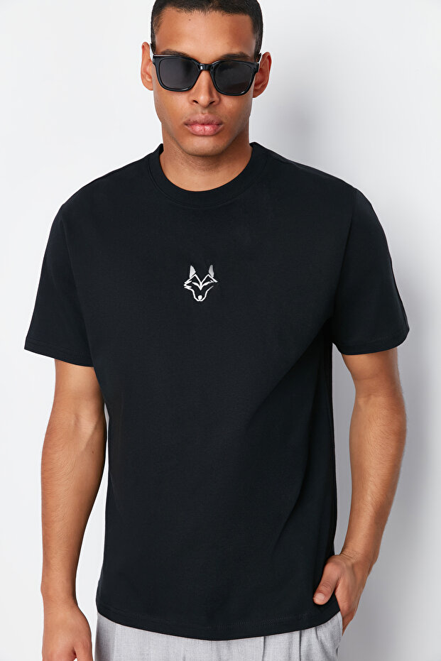 Siyah Regular/Normal Kesim Kurt Nakışlı %100 Pamuklu T-Shirt TMNSS24TS00056 - 1
