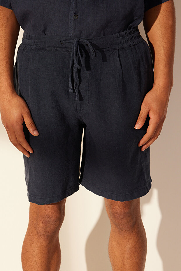 Premium Lacivert %100 Keten Regular Fit Beli Lastikli Şort TMNSS24SR00050 - 5