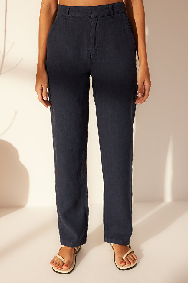 Lacivert %100 Keten Yüksek Bel Wide Leg Pantolon TWOSS24JE00246 - 4