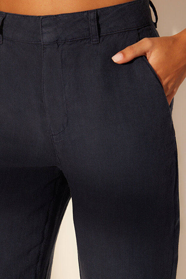 Lacivert %100 Keten Yüksek Bel Wide Leg Pantolon TWOSS24JE00246 - 5