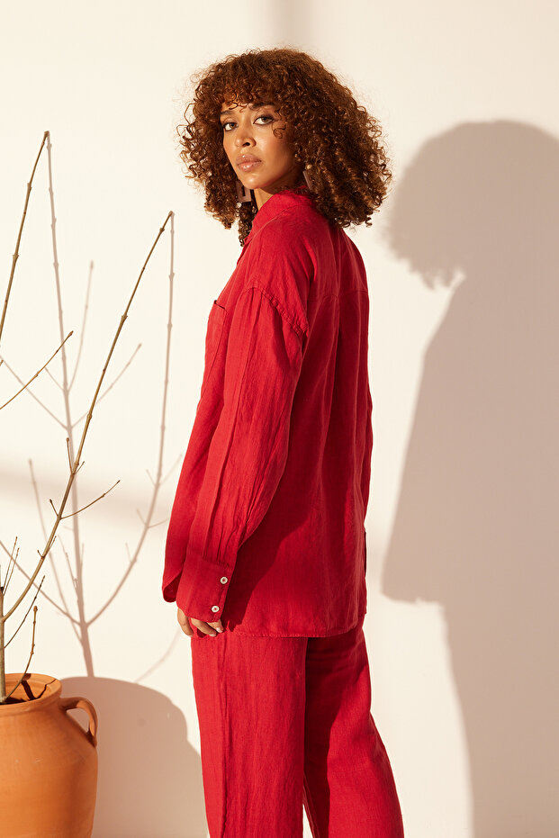 Kırmızı %100 Keten Oversize Gömlek TWOSS23GO00443 - 6