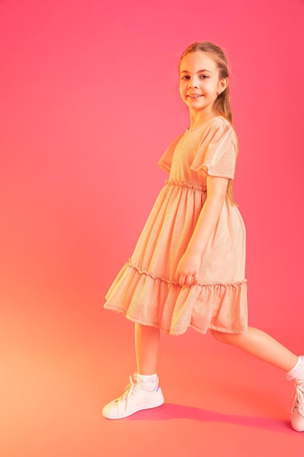 Girl's Regular Fit Crew Neck Short Sleeve Cotton Combed Dress X3861a622sm