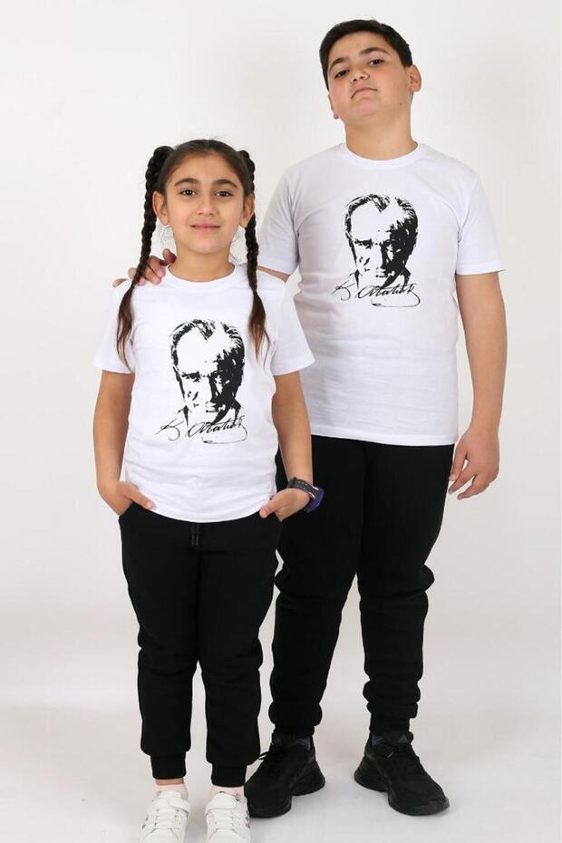 Ataturk Printed and Turkish Flag Cotton Children's T-Shirt for Girls and Boys (UNİSEX) Age 5-13