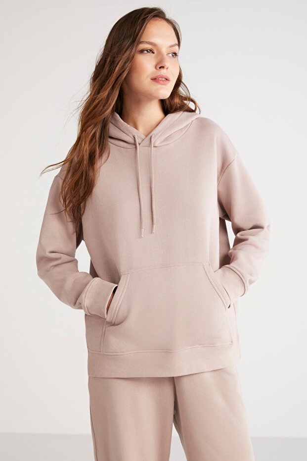 Tereza női polár belső puha, kényelmes, kapucnis kenguru zsebes rózsaszín pulóver - 2