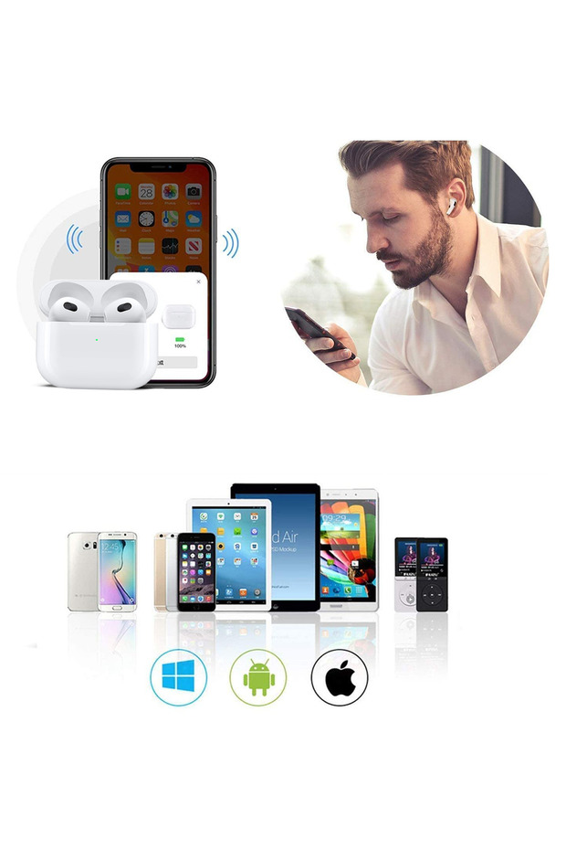Ios Android Uyumlu 3. Nesil Beyaz Wireless Şarjlı Bluetooth Kulaklık Apple Samsung Uyumlu - 7