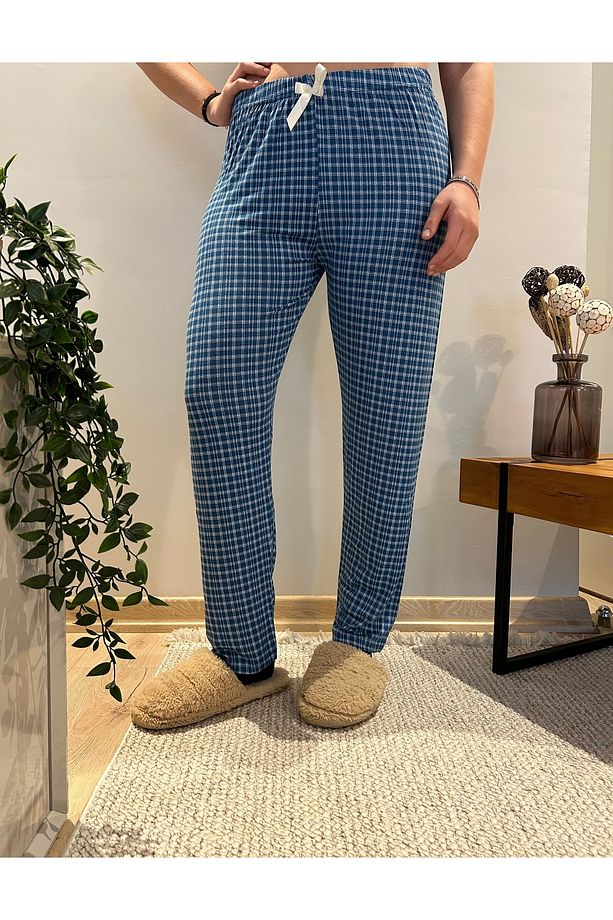 Kadın Mavi Desenli Viskon Pijama Tek Alt - 1
