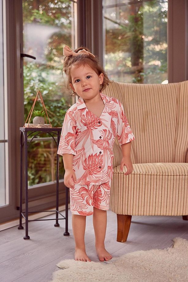 Kız Çocuk Düğmeli Kısa Kollu Pijama Takımı - 2'li Yaprak Desenli Şort Gömlek Pijama - 1