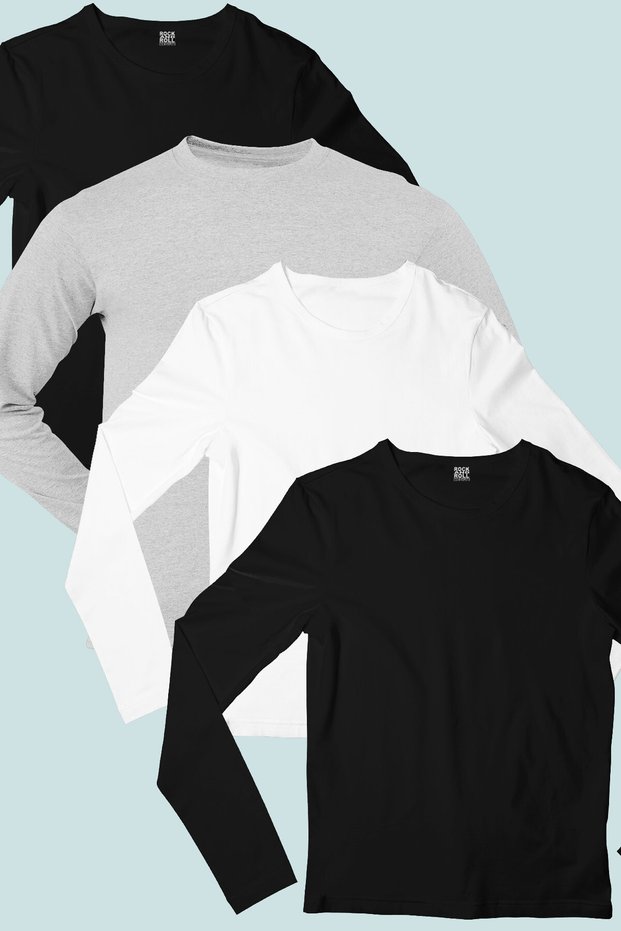 Plain 2 Black, Gray, White Long Sleeve Relax Fit Women's Combed Cotton T-Shirt Super Eco Pack of 4